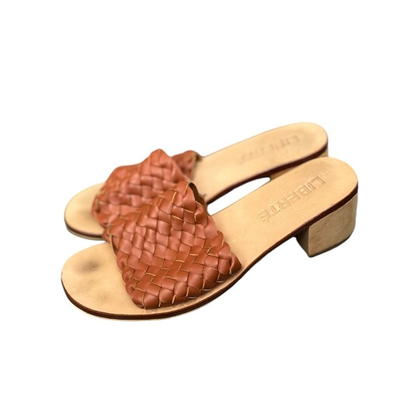 LIBERTÉ Santorini Leather Woven Cognac Mules Heeled Open Toe Sandals - Picture 8 of 14